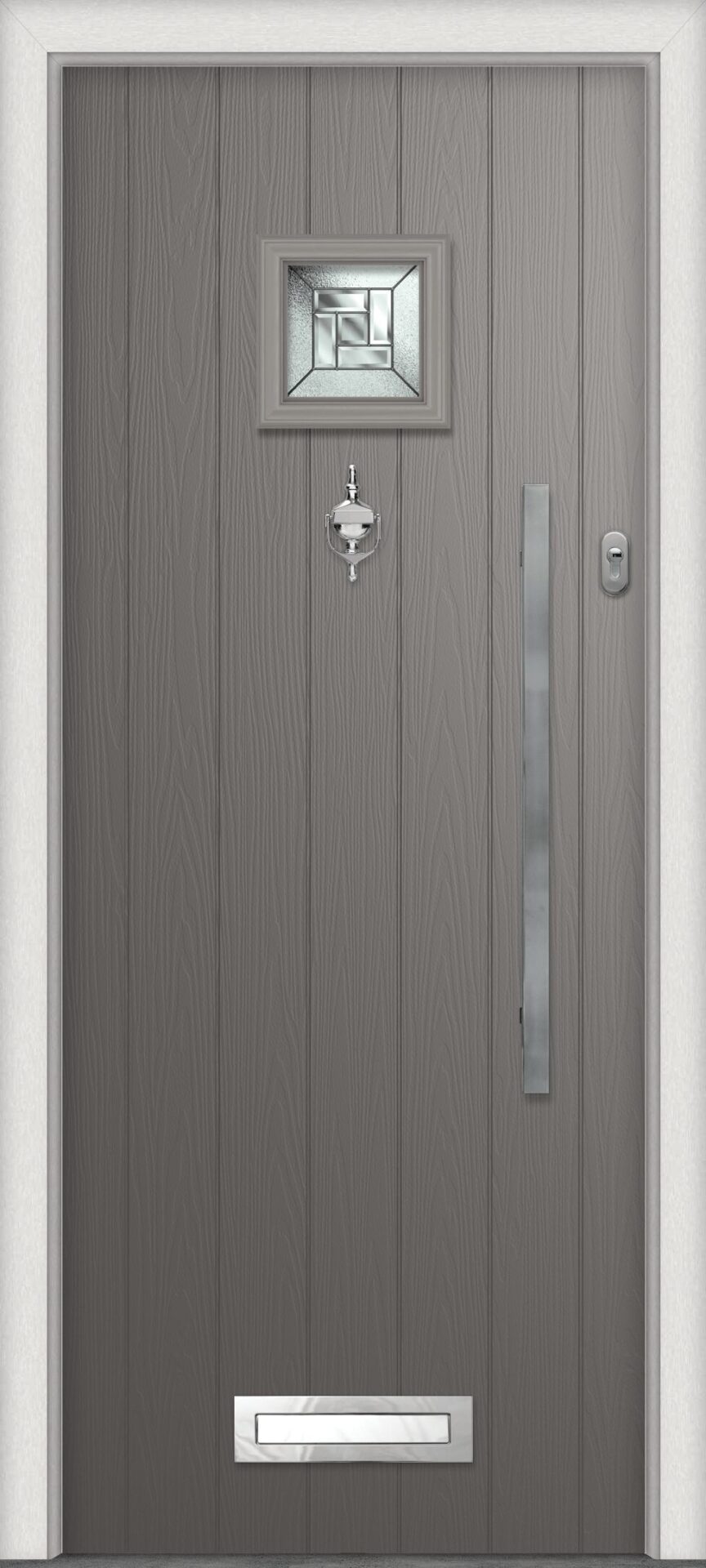 pebble grey front door with bar handle