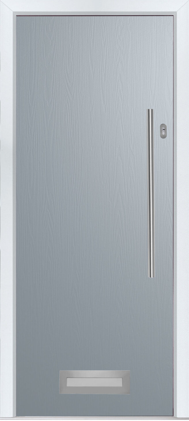 french grey front door with bar handle