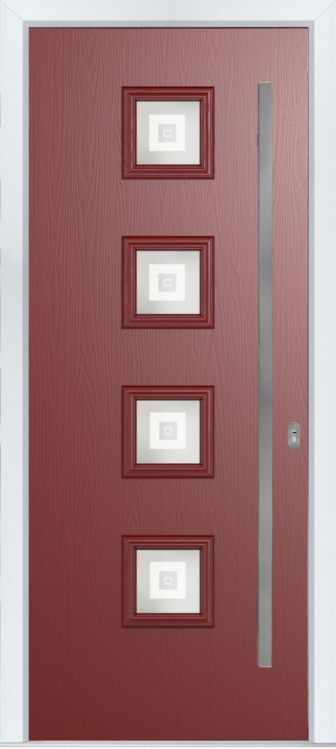 red composite front door with long bar handle